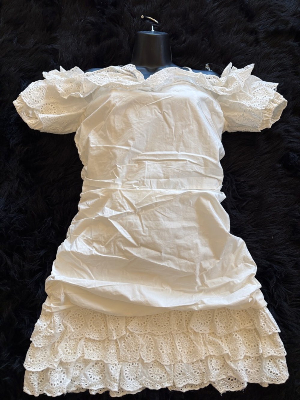 Fashion Nova White Ruched Eyelet Mini Dress